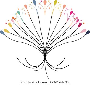 Künstlerische abstrakte Flora Illustration mit lebendigen mehrfarbigen Knospen auf glänzenden schwarzen Linien, perfekt für zeitgenössische Dekoration