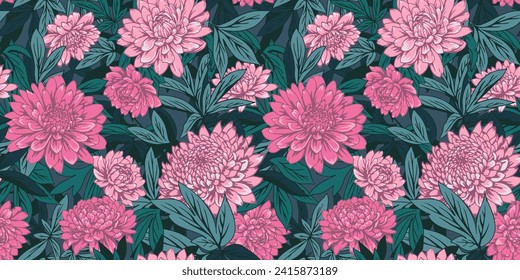 Artistic abstract flowers and branches leaves seamless pattern. Vector hand drawn. Elegance pink floral and green leaf background. Stylized peonies, dahlias botanical illustration printing. 