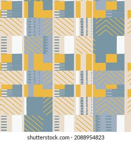 Artistic Abstract  Geometric Collage Checks Winter Spring Style Seamless Pattern Design On Linen Textured For Textile Texture Design 