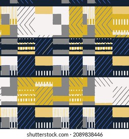 Artistic abstract  geometric collage checks winter spring style seamless pattern design on linen textured for textile texture design 