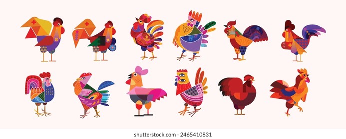 Artistic abstract geometric, decorative, shapes colorful chicken hen rooster set line art hand drawn vector illustration. Farm animal collection element icon character design.