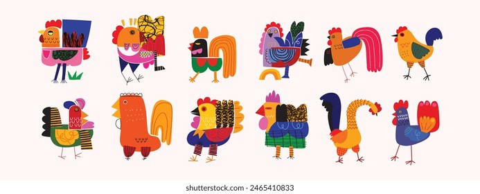 Artistic abstract geometric, decorative, shapes colorful chicken hen rooster set line art hand drawn vector illustration. Farm animal collection element icon character design.