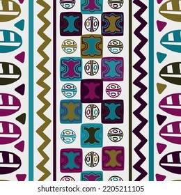 Patrón geométrico abstracto artístico en estilismo étnico para tela, textil o papel de pared hecho sobre fondo rojo. Ilustración vectorial. Azul, verde, turquesa, morado.