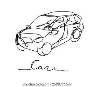 Artistic abstract line drawing depicting a car using continuous lines. Minimalist design captures essence of vehicle, illustrating creativity and uniqueness in simple strokes.