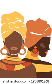 Artistic abstract minimalistic portrait of two beautiful African women in turbans. Modern artwork for poster, banner, wallpaper, print. Clothing and jewelry in the ethno style. Vector image.