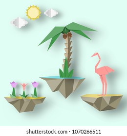 Artistic abstract paper origami concept with flying islands on which there are flamingo, palm, flowers. Trendy crafted background. Vector Illustrations Art Design.