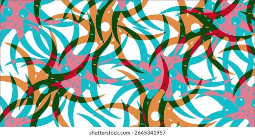 An artistic abstract pattern featuring overlapping circular motifs in vibrant turquoise, orange, and pink tones. Represents creativity, modern design, and colorful artistic expression.