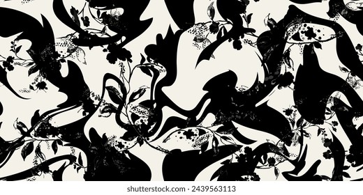 Artistic abstract pattern. Seamless hand-drawn floral fashion style. Botanical blossoms in black color combination. Vector illustration