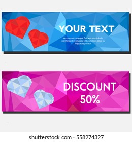 Artistic abstract polygonal horizontal banners with hearts. Background, design templates for gift vouchers, sale, promotion, Valentine's day party and etc