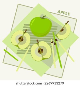 Artistic abstract poster with apple and geometric elements. Collage. Beige, green, pink, gray.  For interior design, magazines, postcards.