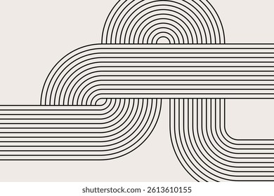 Artistic abstract representation featuring curved black lines on a white background, forming symmetrical interlocking minimalist geometric patterns.