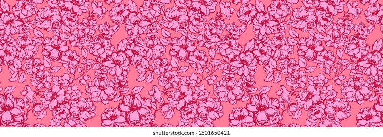 Künstlerische abstrakte nahtlose Blumenmuster. Farbiger blühender Wiesenaufdruck auf rosafarbenem Hintergrund. Vektorgrafik, handgezeichnet, stilisierte Pfingstrosen, Rose. Ornament für Designs, Textil, Mode, Stoff