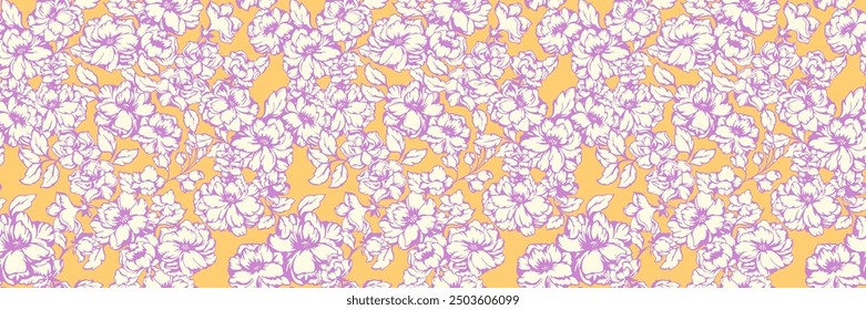 Artistic abstract seamless florals pattern on a yellow background. Colorful summer blooming meadow print. Vector hand drawing stylized peonies, rose. Ornament for designs, textile, fashion, fabric