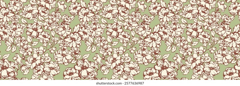 Artistic abstract seamless florals pattern. Pastel blooming meadow print on a mint green background. Vector hand drawing stylized peonies, rose. Ornament for designs, textile, fashion, fabric