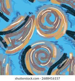 Artistic abstract seamless pattern featuring bold blue swirls and earthy tones with painterly texture, great for textile design, wallpaper, and creative digital backgrounds.
