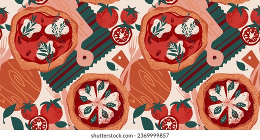 Artistic, abstract, seamless pattern with vector hand drawn pizza, tomato, basil, cheese, Mozzarella, leaves, kitchen boards. Food beautiful print. Template for design