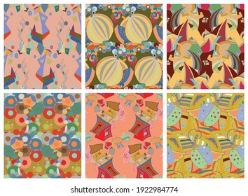 Artistic abstract seamless vector pattern set in graffiti wall style. Cubism art design elements. Modern mystic natural spiritual idea. Futuristic geometry in hand drawing line.