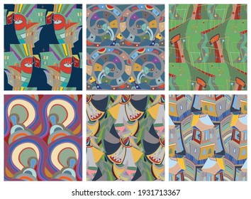 Artistic abstract seamless vector pattern set in graffiti wall style. Cubism art design elements. Modern mystic natural spiritual idea. Futuristic geometry in hand drawing line.