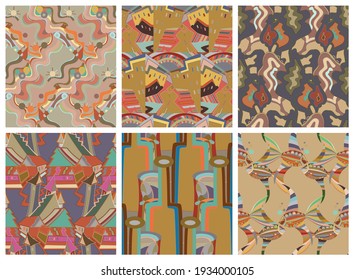 Artistic abstract seamless vector pattern set in graffiti wall style. Cubism art design elements. Modern mystic natural spiritual idea. Futuristic geometry in hand drawing line.