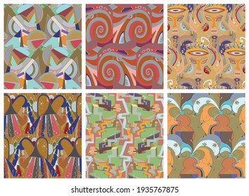 Artistic abstract seamless vector pattern set in graffiti wall style. Cubism art design elements. Modern mystic natural spiritual idea. Futuristic geometry in hand drawing line.