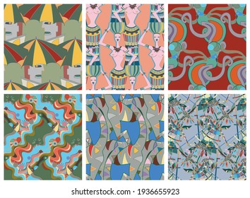 Artistic abstract seamless vector pattern set in graffiti wall style. Cubism art design elements. Modern mystic natural spiritual idea. Futuristic geometry in hand drawing line.