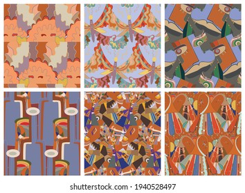 Artistic abstract seamless vector pattern set in graffiti wall style. Cubism art design elements. Modern mystic natural spiritual idea. Futuristic geometry in hand drawing line.