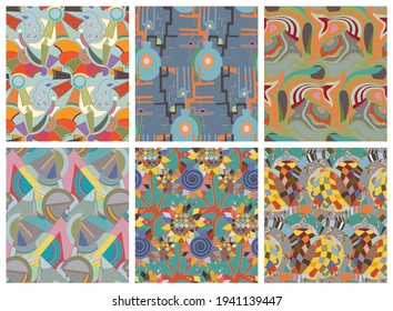 Artistic abstract seamless vector pattern set in graffiti wall style. Cubism art design elements. Modern mystic natural spiritual idea. Futuristic geometry in hand drawing line.