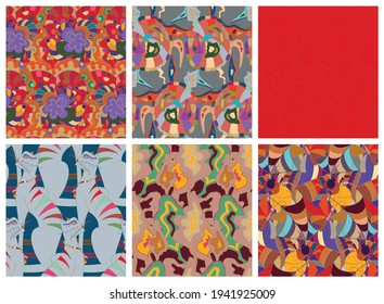 Artistic abstract seamless vector pattern set in graffiti wall style. Cubism art design elements. Modern mystic natural spiritual idea. Futuristic geometry in hand drawing line.
