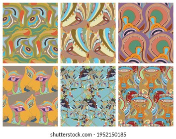 Artistic abstract seamless vector pattern set in graffiti wall style. Cubism art design elements. Modern mystic natural spiritual idea. Futuristic geometry in hand drawing line.