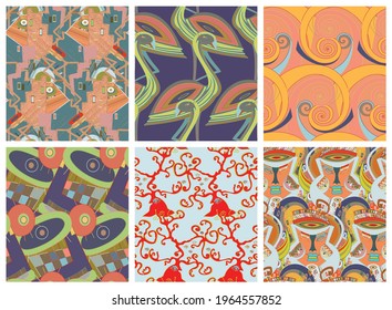 Artistic abstract seamless vector pattern set in graffiti wall style. Cubism art design elements. Modern mystic natural spiritual idea. Futuristic geometry in hand drawing line.