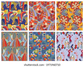 Artistic abstract seamless vector pattern set in graffiti wall style. Cubism art design elements. Modern mystic natural spiritual idea. Futuristic geometry in hand drawing line.