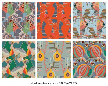 Artistic abstract seamless vector pattern set in graffiti wall style. Cubism art design elements. Modern mystic natural spiritual idea. Futuristic geometry in hand drawing line.