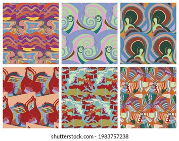 Artistic abstract seamless vector pattern set in graffiti wall style. Cubism art design elements. Modern mystic natural spiritual idea. Futuristic geometry in hand drawing line.