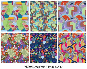 Artistic abstract seamless vector pattern set in graffiti wall style. Cubism art design elements. Modern mystic natural spiritual idea. Futuristic geometry in hand drawing line.