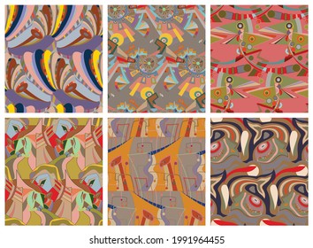 Artistic abstract seamless vector pattern set in graffiti wall style. Cubism art design elements. Modern mystic natural spiritual idea. Futuristic geometry in hand drawing line.