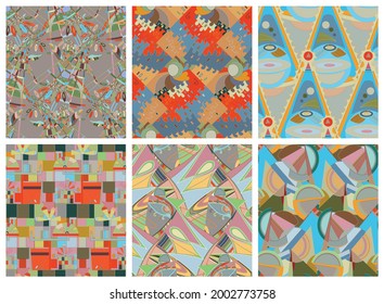 Artistic abstract seamless vector pattern set in graffiti wall style. Cubism art design elements. Modern mystic natural spiritual idea. Futuristic geometry in hand drawing line.