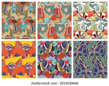 Artistic abstract seamless vector pattern set in graffiti wall style. Cubism art design elements. Modern mystic natural spiritual idea. Futuristic geometry in hand drawing line.