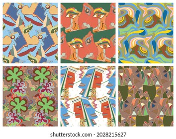 Artistic abstract seamless vector pattern set in graffiti wall style. Cubism art design elements. Modern mystic natural spiritual idea. Futuristic geometry in hand drawing line.