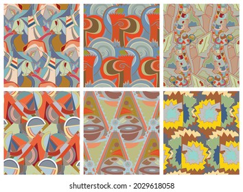 Artistic abstract seamless vector pattern set in graffiti wall style. Cubism art design elements. Modern mystic natural spiritual idea. Futuristic geometry in hand drawing line.