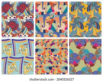 Artistic abstract seamless vector pattern set in graffiti wall style. Cubism art design elements. Modern mystic natural spiritual idea. Futuristic geometry in hand drawing line.
