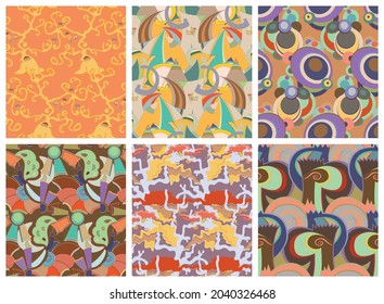 Artistic abstract seamless vector pattern set in graffiti wall style. Cubism art design elements. Modern mystic natural spiritual idea. Futuristic geometry in hand drawing line.