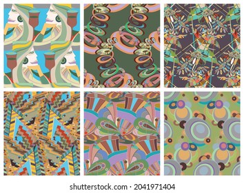 Artistic abstract seamless vector pattern set in graffiti wall style. Cubism art design elements. Modern mystic natural spiritual idea. Futuristic geometry in hand drawing line.