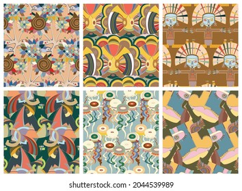 Artistic abstract seamless vector pattern set in graffiti wall style. Cubism art design elements. Modern mystic natural spiritual idea. Futuristic geometry in hand drawing line.