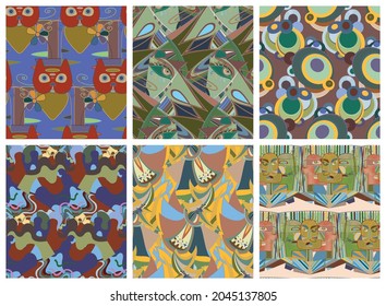 Artistic abstract seamless vector pattern set in graffiti wall style. Cubism art design elements. Modern mystic natural spiritual idea. Futuristic geometry in hand drawing line.