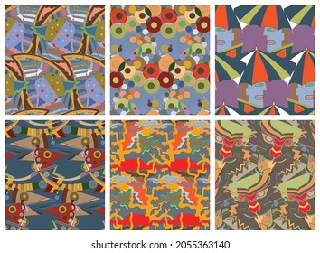 Artistic abstract seamless vector pattern set in graffiti wall style. Cubism art design elements. Modern mystic natural spiritual idea. Futuristic geometry in hand drawing line.