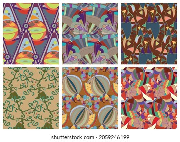 Artistic abstract seamless vector pattern set in graffiti wall style. Cubism art design elements. Modern mystic natural spiritual idea. Futuristic geometry in hand drawing line.