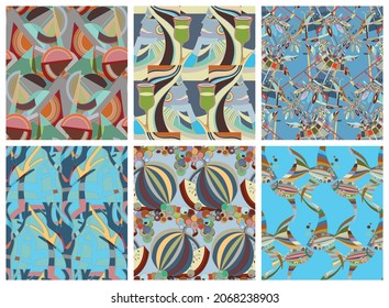 Artistic abstract seamless vector pattern set in graffiti wall style. Cubism art design elements. Modern mystic natural spiritual idea. Futuristic geometry in hand drawing line.