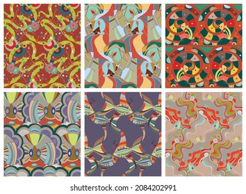Artistic abstract seamless vector pattern set in graffiti wall style. Cubism art design elements. Modern mystic natural spiritual idea. Futuristic geometry in hand drawing line.