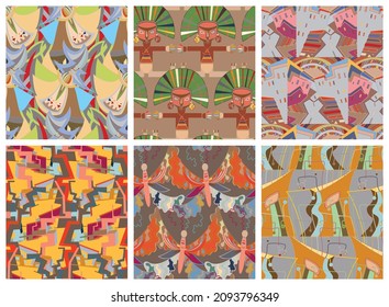Artistic abstract seamless vector pattern set in graffiti wall style. Cubism art design elements. Modern mystic natural spiritual idea. Futuristic geometry in hand drawing line.