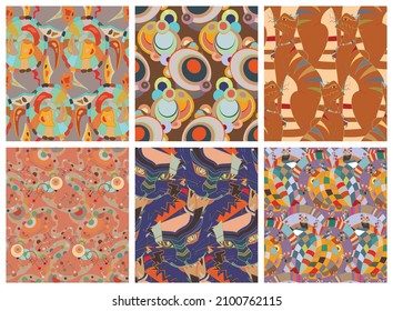 Artistic abstract seamless vector pattern set in graffiti wall style. Cubism art design elements. Modern mystic natural spiritual idea. Futuristic geometry in hand drawing line.